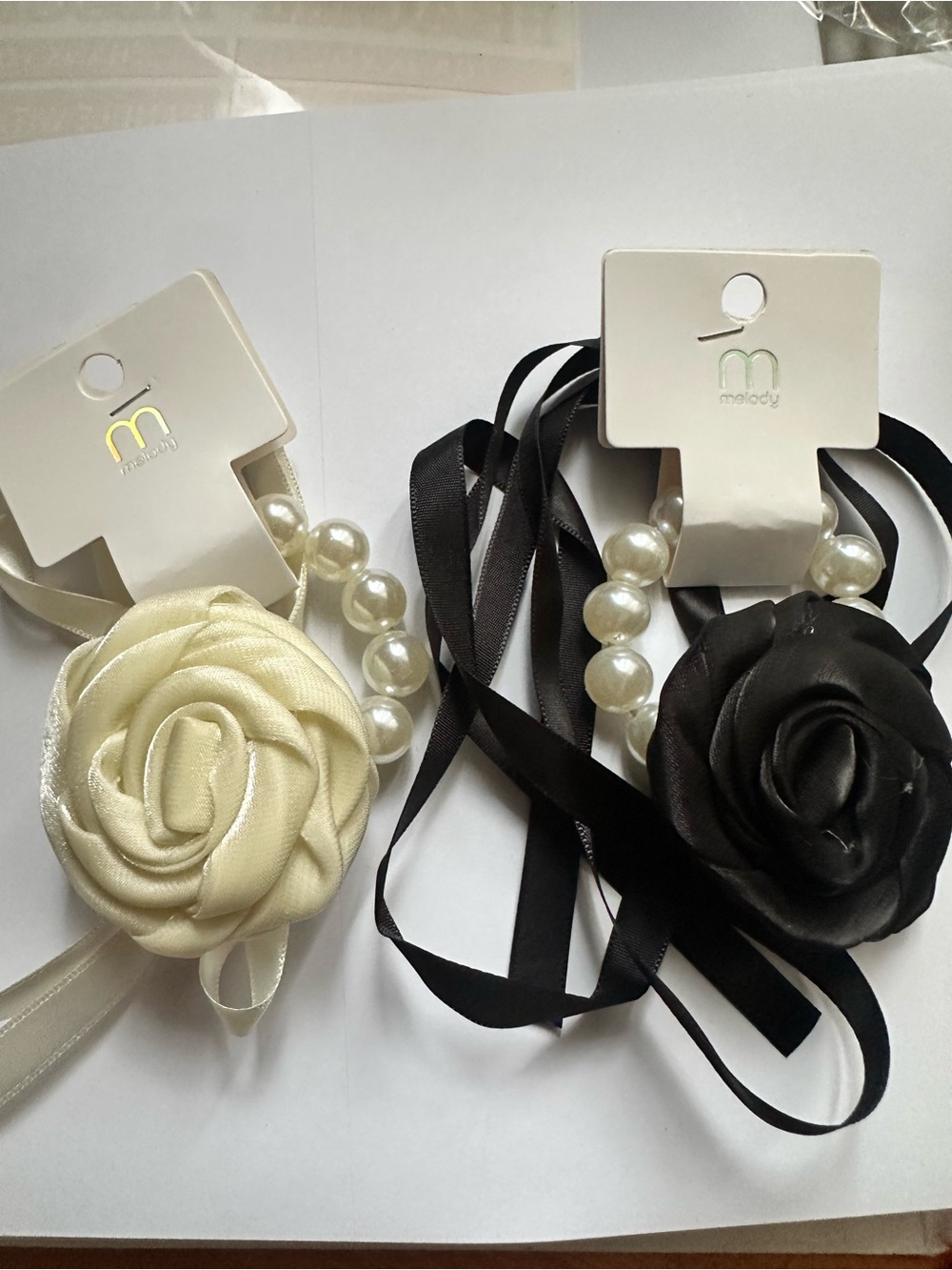 Melody Satin Rose Pearl Hair Tie - Ivory and Black